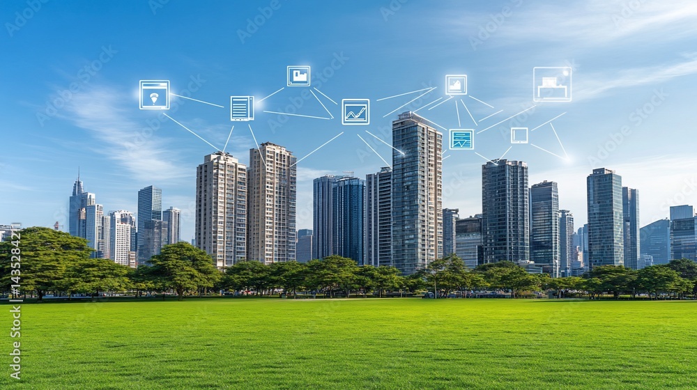Obraz premium Smart city network, data connection, cityscape park