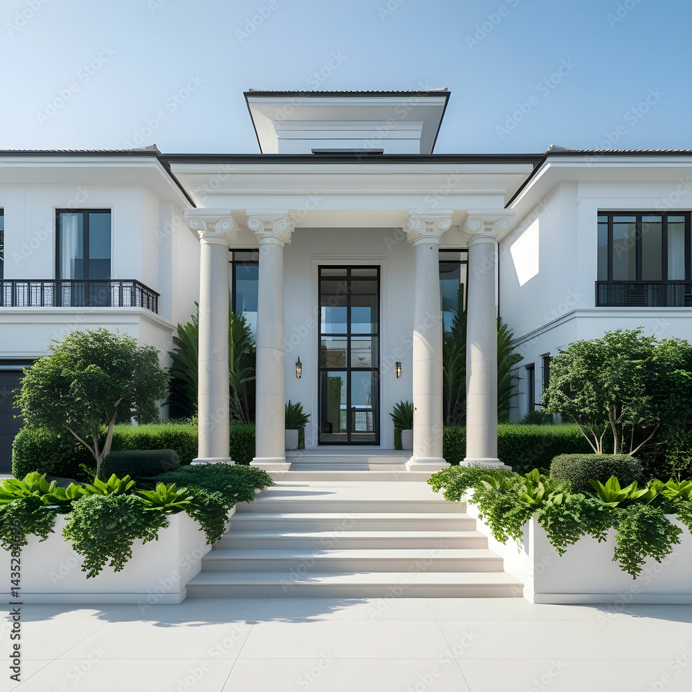 A semi-detached villa with separate entrances, lush green plants surrounding. A semi-detached villa with separate entrances, lush green plants surrounding.