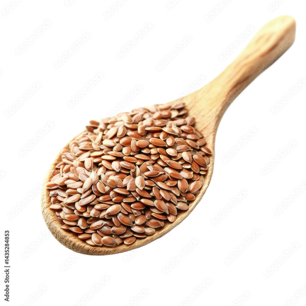 Flax seeds in a wooden spoon isolated on a white background showcasing their natural texture and color, Flax seeds in wood spoon isolated on white background Flax seeds in a wooden spoon isolated on a white background showcasing their natural texture and color, Flax seeds in wood spoon isolated on white background