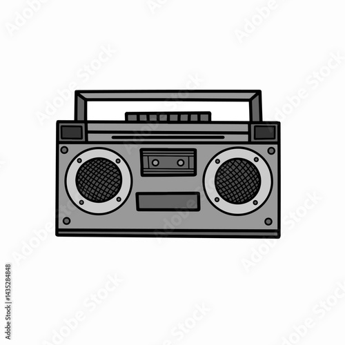hand drawn monochrome retro boombox isolated on white background, grayscale ghetto blaster illustration