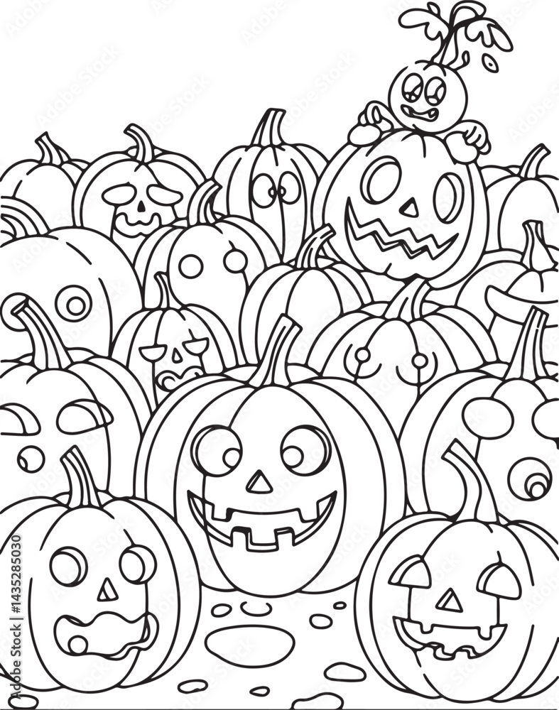 Fototapeta premium Smiling Pumpkins in a Patch Halloween Coloring Illustration