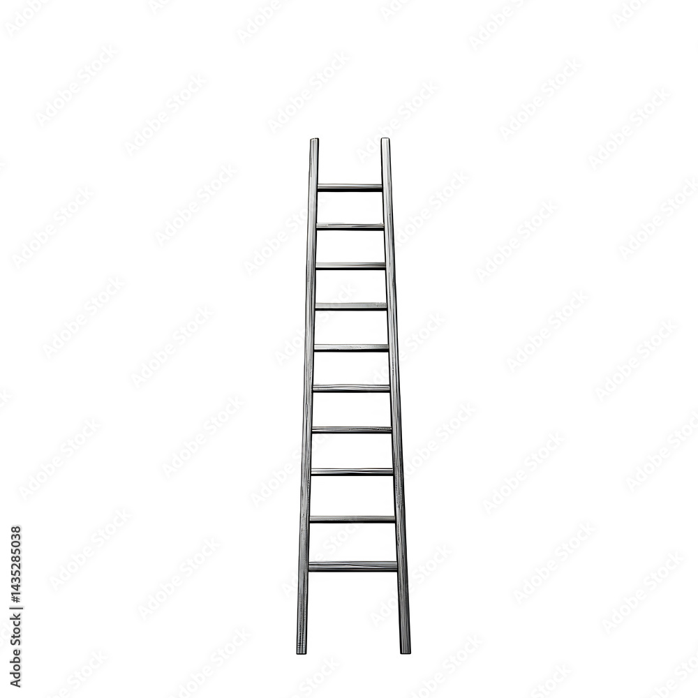 A straight silver aluminum ladder with evenly spaced rungs against a stark black background image scene A straight silver aluminum ladder with evenly spaced rungs against a stark black background image scene