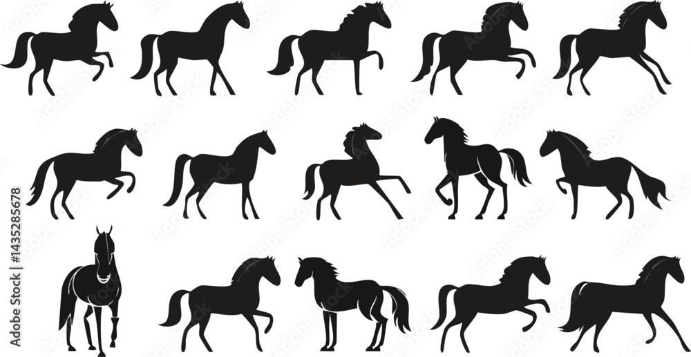 Fototapeta premium Vector Stylized Horse Collection with Trotting, Galloping, and Standing Poses in Monochrome Illustration