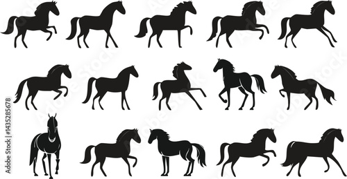 Vector Stylized Horse Collection with Trotting, Galloping, and Standing Poses in Monochrome Illustration