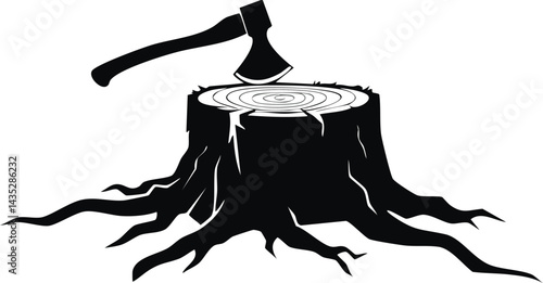 Vector Graphic of Axe in Tree Stump Featuring Jagged Roots and Concentric Growth Rings