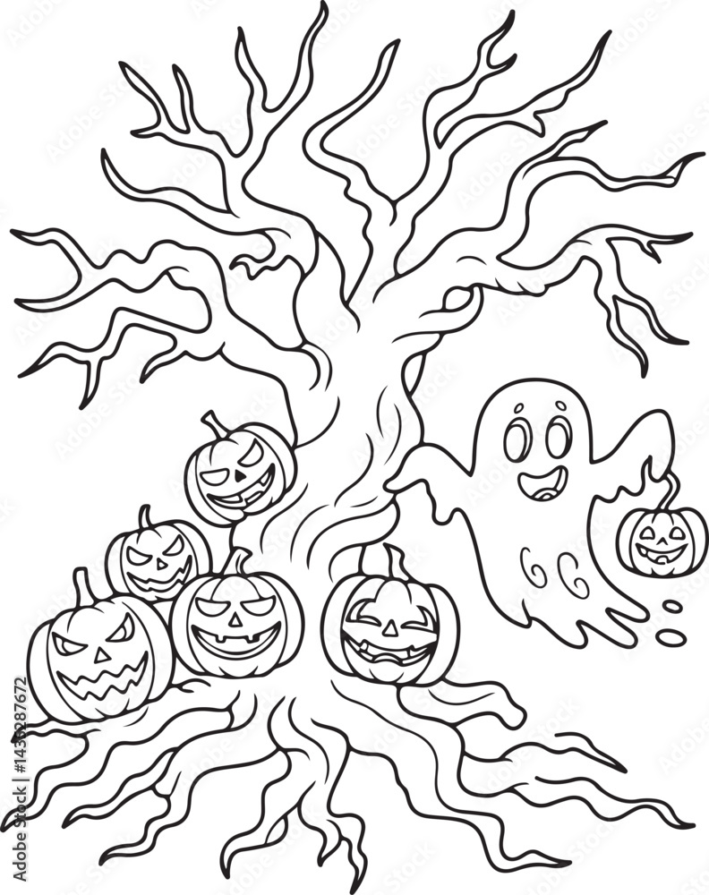 Fototapeta premium Adult coloring page Haunted tree with spooky pumpkins and ghost vector illustration, halloween haunted tree design, spooky decorations with pumpkins, ghost holding jack-o-lantern