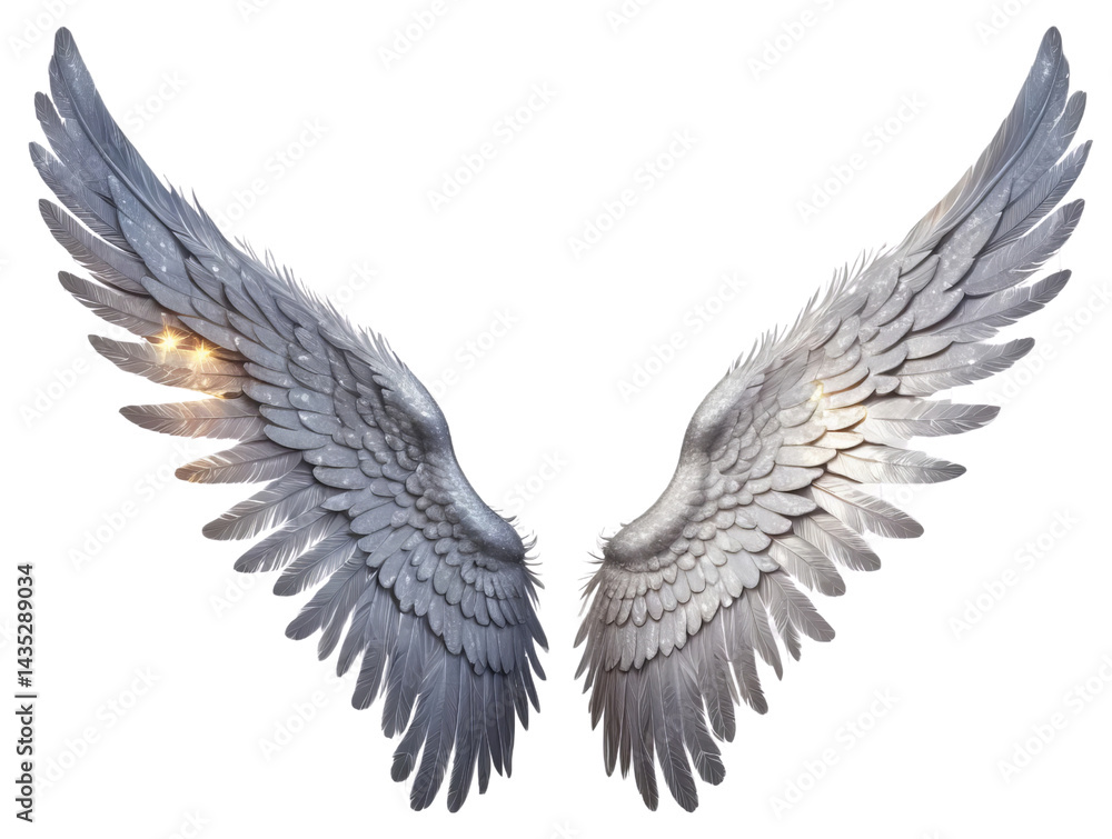 Elegant Silver Angel Wings with Shimmering Feathers and Light Effects Elegant Silver Angel Wings with Shimmering Feathers and Light Effects