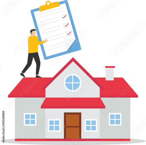Man holding home with checklist papers. home and property planning stock illustration

