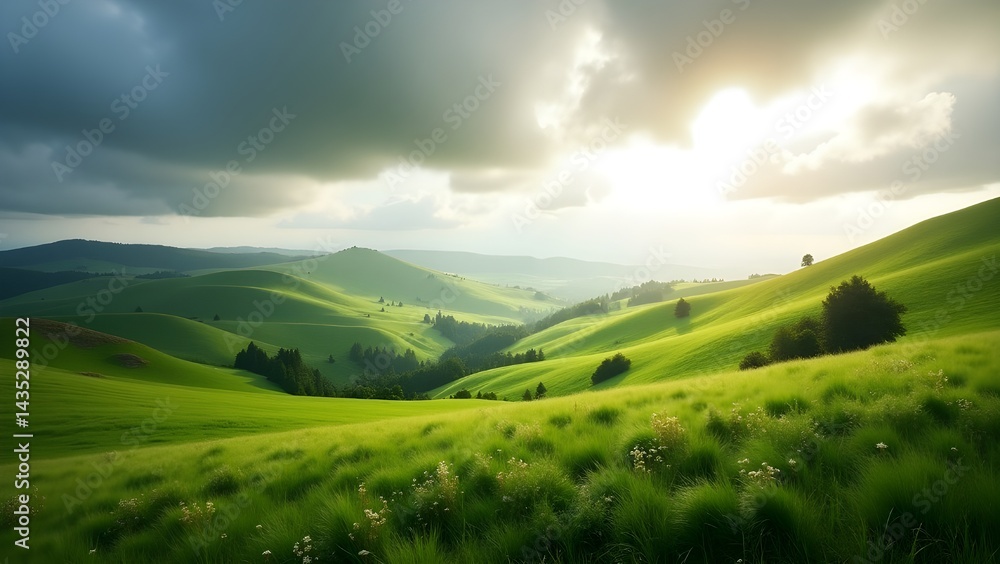 Obraz premium Rolling Green Hills Landscape with Sunlight and Cloudy Sky