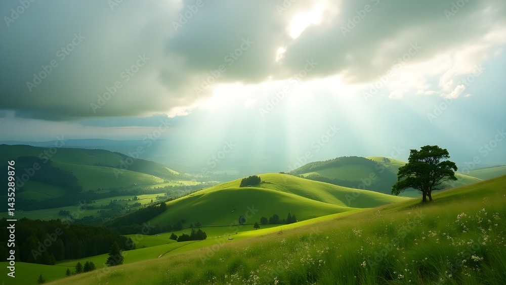 Fototapeta premium Sun Rays Shining Over Green Rolling Hills Landscape
