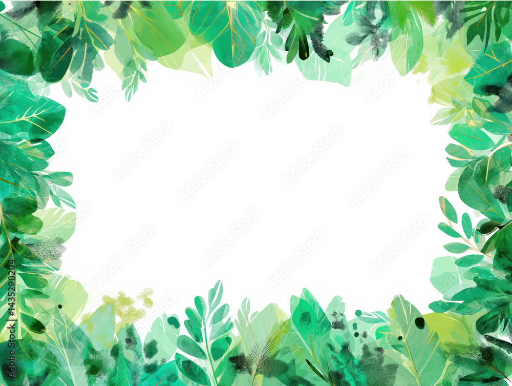 Fototapeta premium Green watercolor leaves creating a frame with white background