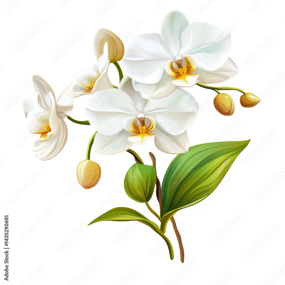 Naklejka premium Beautiful white orchid branch with buds and green leaves in a serene setting, White orchid branch with flowers, buds and leaves