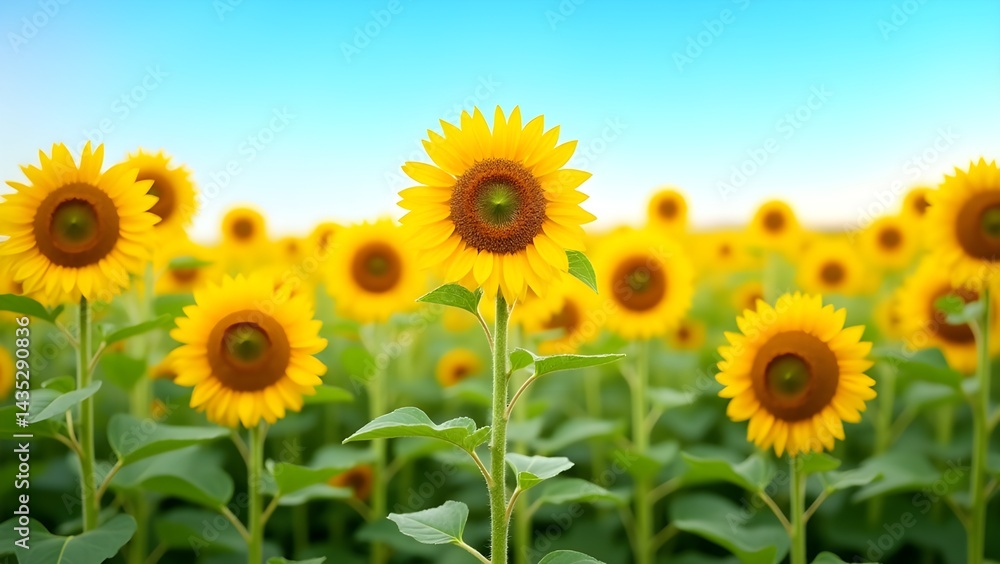 Fototapeta premium Blooming Sunflower Field Under Blue Sky on Sunny Day