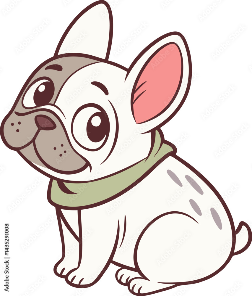 Fototapeta premium White French Bulldog with dark spots. Adorable puppy, vector illustration. Sitting pet dog. Isolated object with transparent background