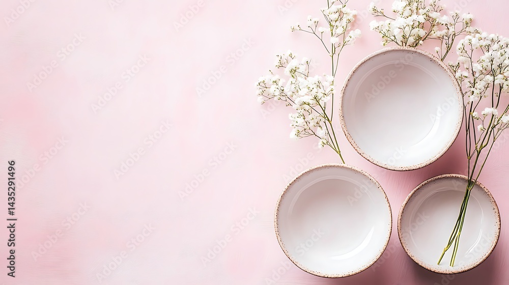 Pink background with white bowls, and flowers. Pink background with white bowls, and flowers.