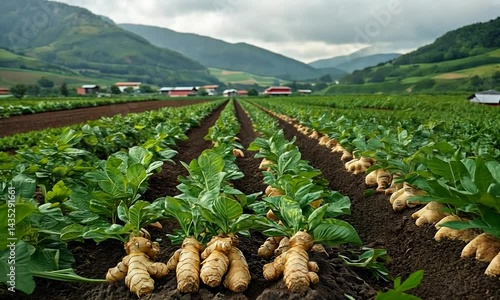 Freshly harvested ginger roots with vibrant green leaves in a lush farm field under cloudy skies