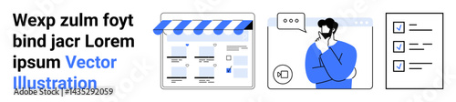 Online storefront webpage, man contemplating with speech bubble and checklist boxes. Ideal for online business, ecommerce, planning, organization, thinking, website management productivity. Landing
