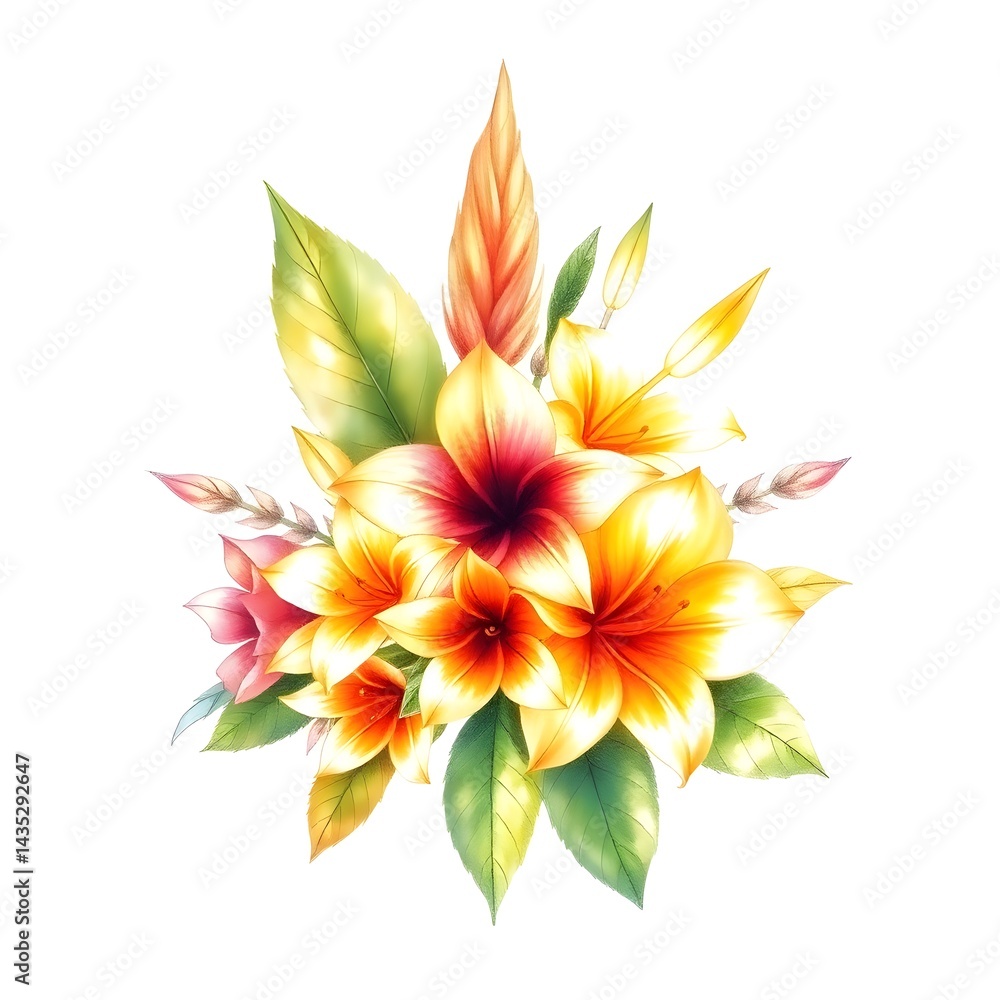Obraz premium Abstract hyper realistic watercolor painting of a small, detailed tropical flower bouquet inside a frame, isolated on white background art illustration design