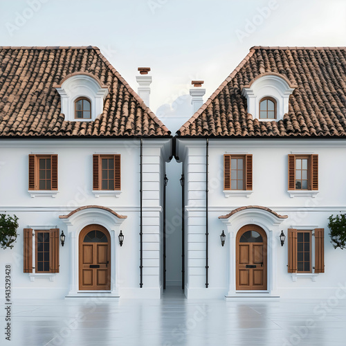 Two-story semi-detached houses with tiled roofs, traditional design.