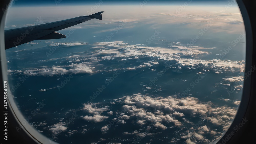 Obraz premium Aerial view from airplane window with clouds and wing