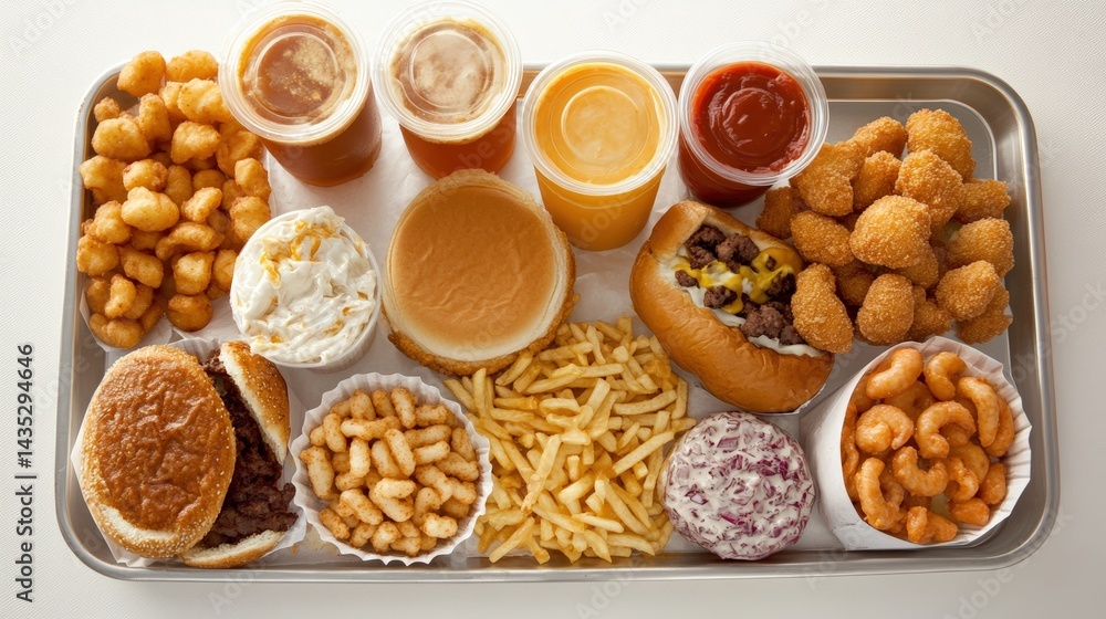 Delicious variety of fast food including burgers snacks and drinks for parties gatherings Delicious variety of fast food including burgers snacks and drinks for parties gatherings