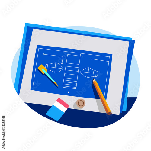 A flat style illustration showing blueprint sketching