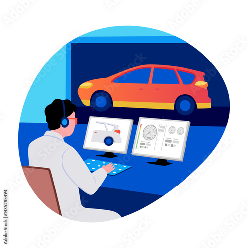 Flat illustration showing a technician doing car diagnosis