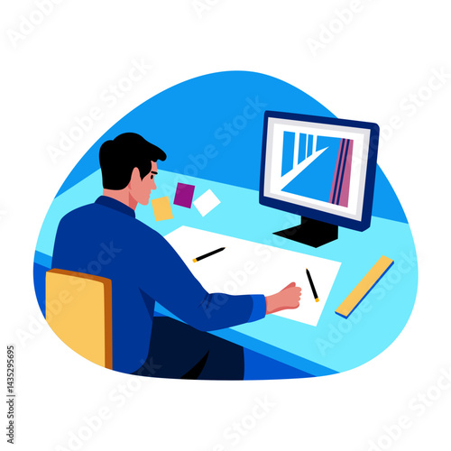 A flat style illustration showing a prototyping character