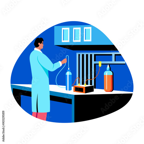 Flat illustration showing a character doing water purification in lab