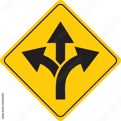 three-way road split traffic warning sign, yellow diamond-shaped caution symbol indicating multiple directions