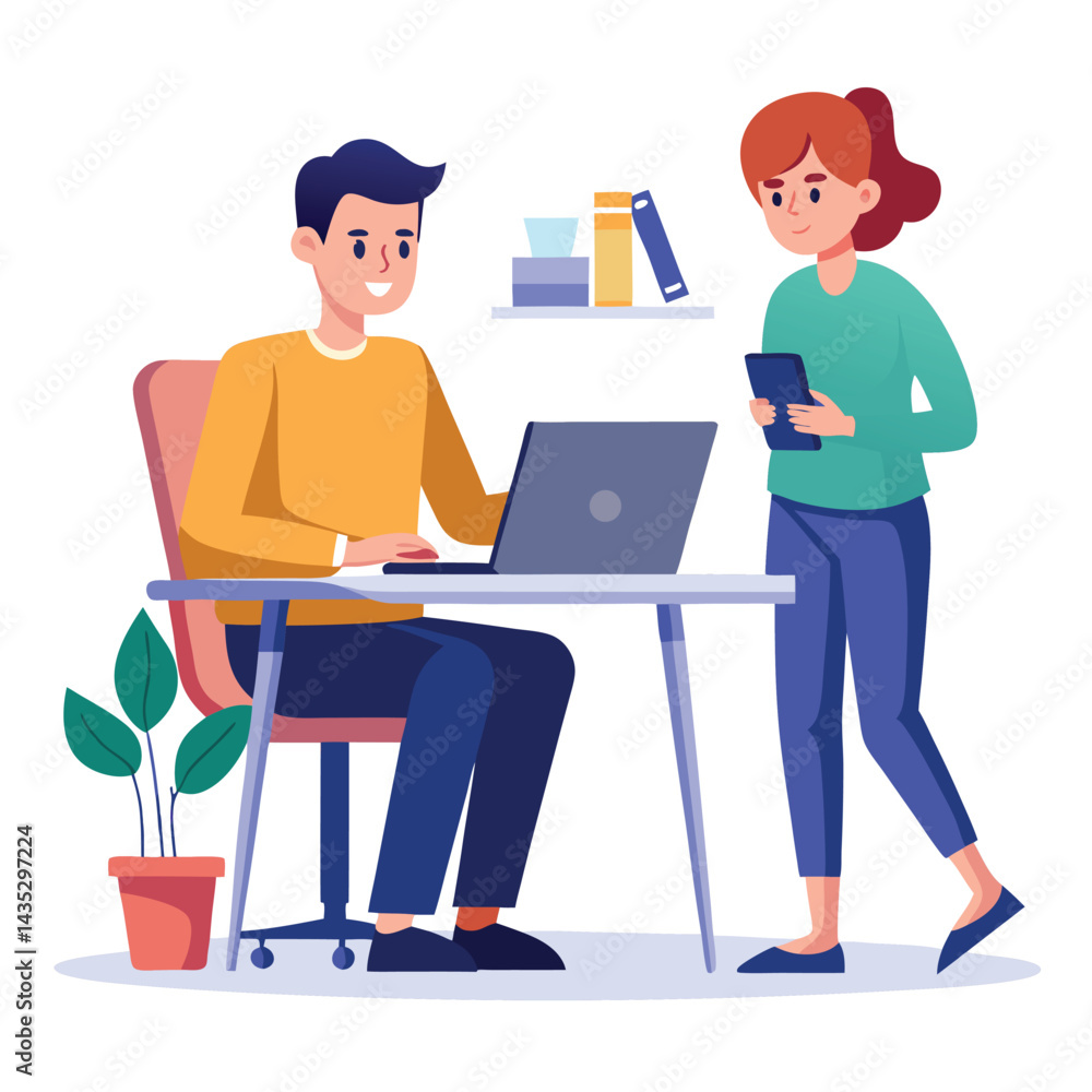 man sitting at his desk working on laptop, with woman standing near him holding phone, designed in flat style vector
man sitting at his desk working on laptop, with woman standing near him holding phone, designed in flat style vector