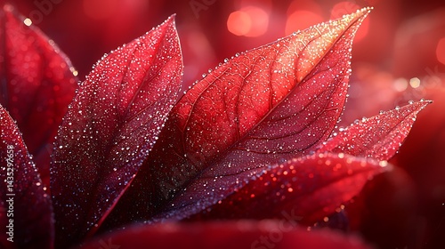 Close-up of vibrant red leaves covered in dew, set against a blurred background of nature