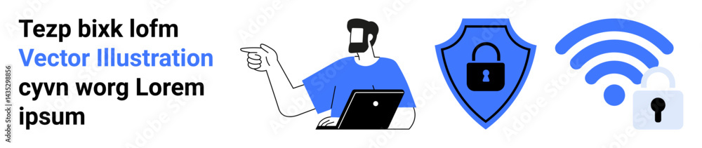 Man using laptop gestures at cybersecurity shield and secured wireless network icons. Ideal for data security, internet safety, technology, IT solutions, encryption, remote work, flat landing page Man using laptop gestures at cybersecurity shield and secured wireless network icons. Ideal for data security, internet safety, technology, IT solutions, encryption, remote work, flat landing page