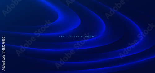 Abstract modern geometric blue glowing curve lines on dark blue background.