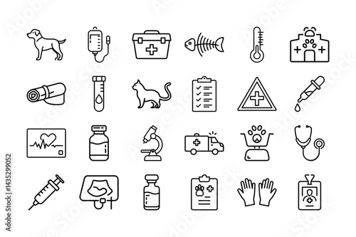 Veterinary Clinic Equipment Line Art Icons for Medical and Animal Health