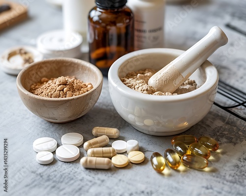 Pills, tablets, and medicine bottles with a mortar and pestle, illustrating medicine and health concepts