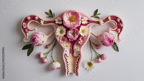 A creative representation of the female reproductive system adorned with flowers. It's a visually captivating portrayal of anatomy