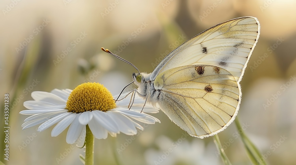 Naklejka premium Delicate white butterfly poised gracefully on a vibrant daisy at close range