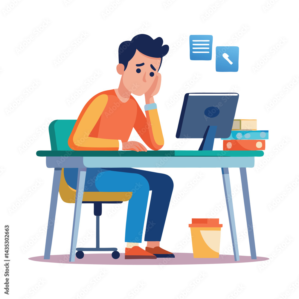 Vector of stressed tired man sitting at table working on laptop computer Vector of stressed tired man sitting at table working on laptop computer