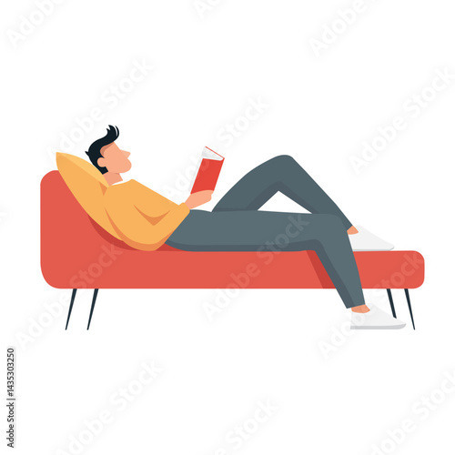 Relaxed man reading a book on a bright red sofa in a cozy indoor setting