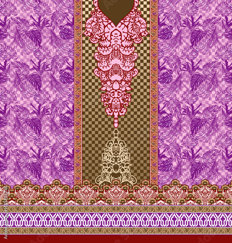 A richly patterned textile design featuring shades of purple, intricate floral motifs, and a contrasting central brown and pink section.