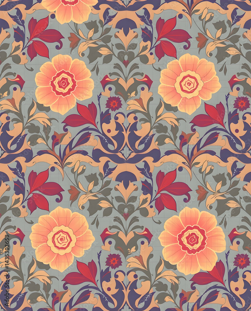 custom made wallpaper toronto digitalElegant Damask floral fused with geometric elements in vibrant hues, seamless pattern.
