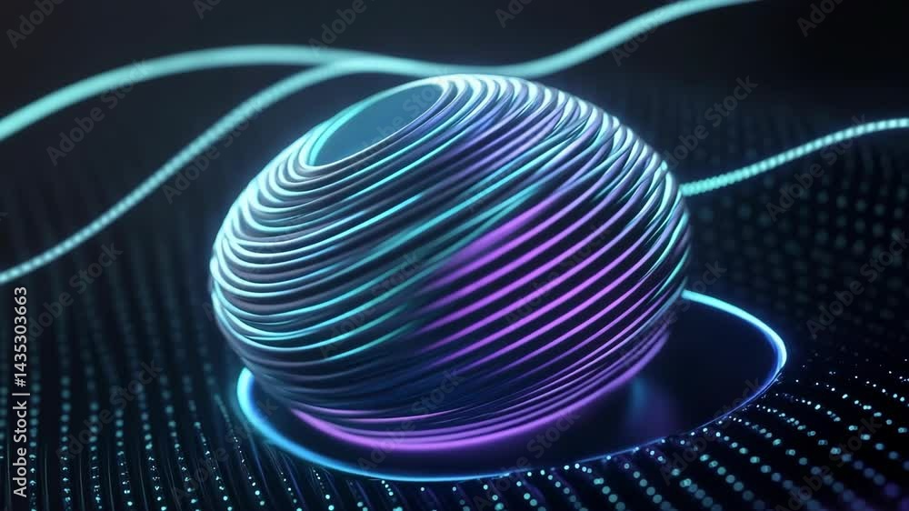 Abstract glowing sphere with concentric layers on a dot pattern surface with neon light streaks floating overhead in a dark environment