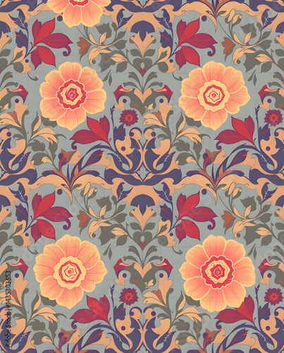 Wallpaper Mural Elegant Damask floral fused with geometric elements in vibrant hues, seamless pattern. Torontodigital.ca