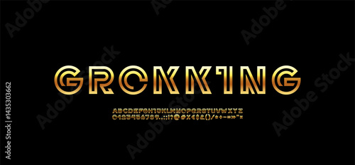 Technology golden font, digital cyber alphabet made future space style, gold letters A, B, C, D, E, F, G, H, I, J, K, L, M, N, O, P, Q, R, S, T, U, V, W, X, Y, Z, numerals 0, 1, 2, 3, 4, 5, 6, 7, 8, 9