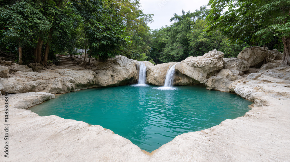 Naklejka premium Twin waterfall flows into tropical heart shaped natural pool surrounded by rocky terrain and lush green forest, creating serene and romantic nature scene