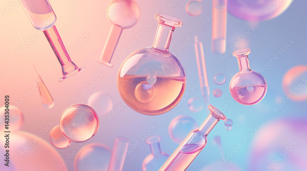 Cosmetic Essence, Liquid bubble with glass flask and cylinder equipment in medical science lab background, 3d rendering Cosmetic Essence, Liquid bubble with glass flask and cylinder equipment in medical science lab background, 3d rendering