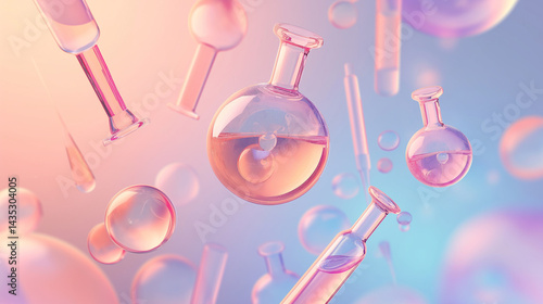 Cosmetic Essence, Liquid bubble with glass flask and cylinder equipment in medical science lab background, 3d rendering