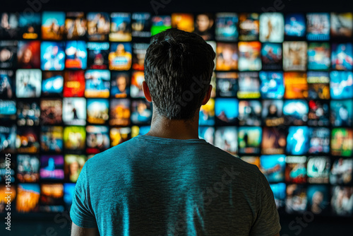 Man browsing digital streaming platform with a wall of movie and TV show thumbnails