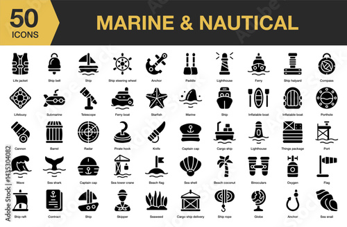 Marine And Nautical solid icon set. Includes blue, anchor, travel, sailing, wave, sailor, and More. Solid icons vector collection.